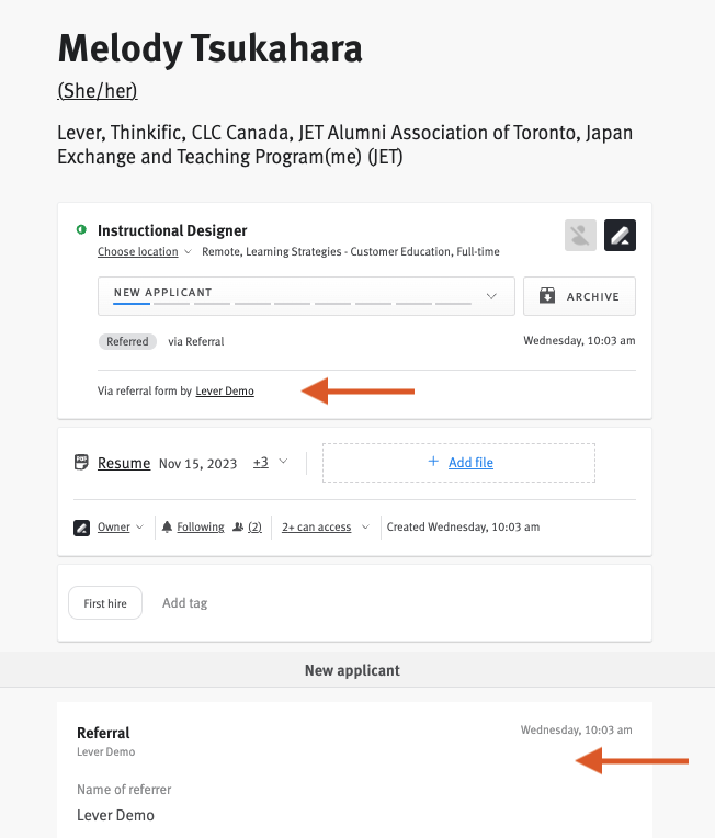 Candidate profile with arrows pointing to listed referrer and referral information in the candidate history.