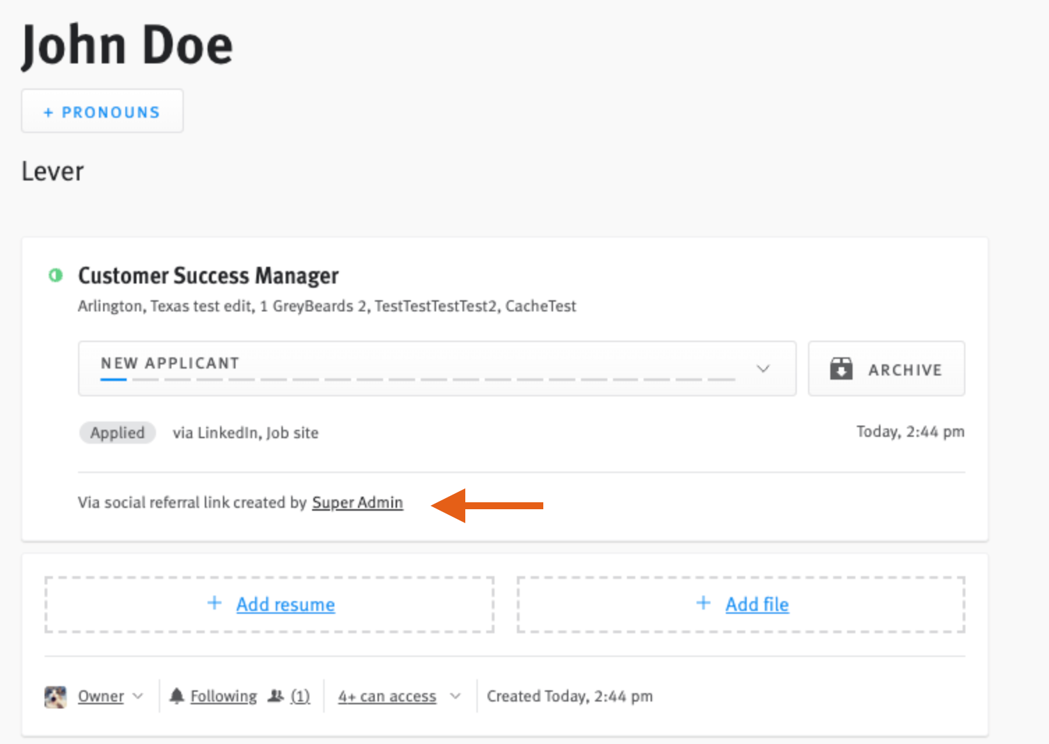 Candidate profile with arrow pointing to referrer information.