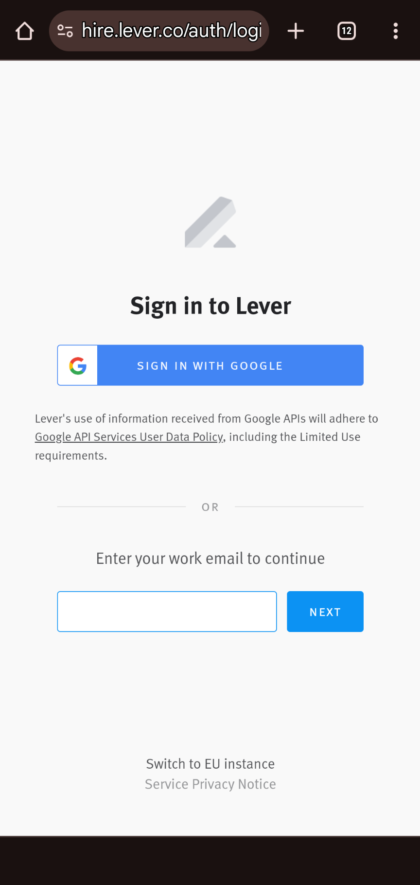 Lever login screen from mobile device.