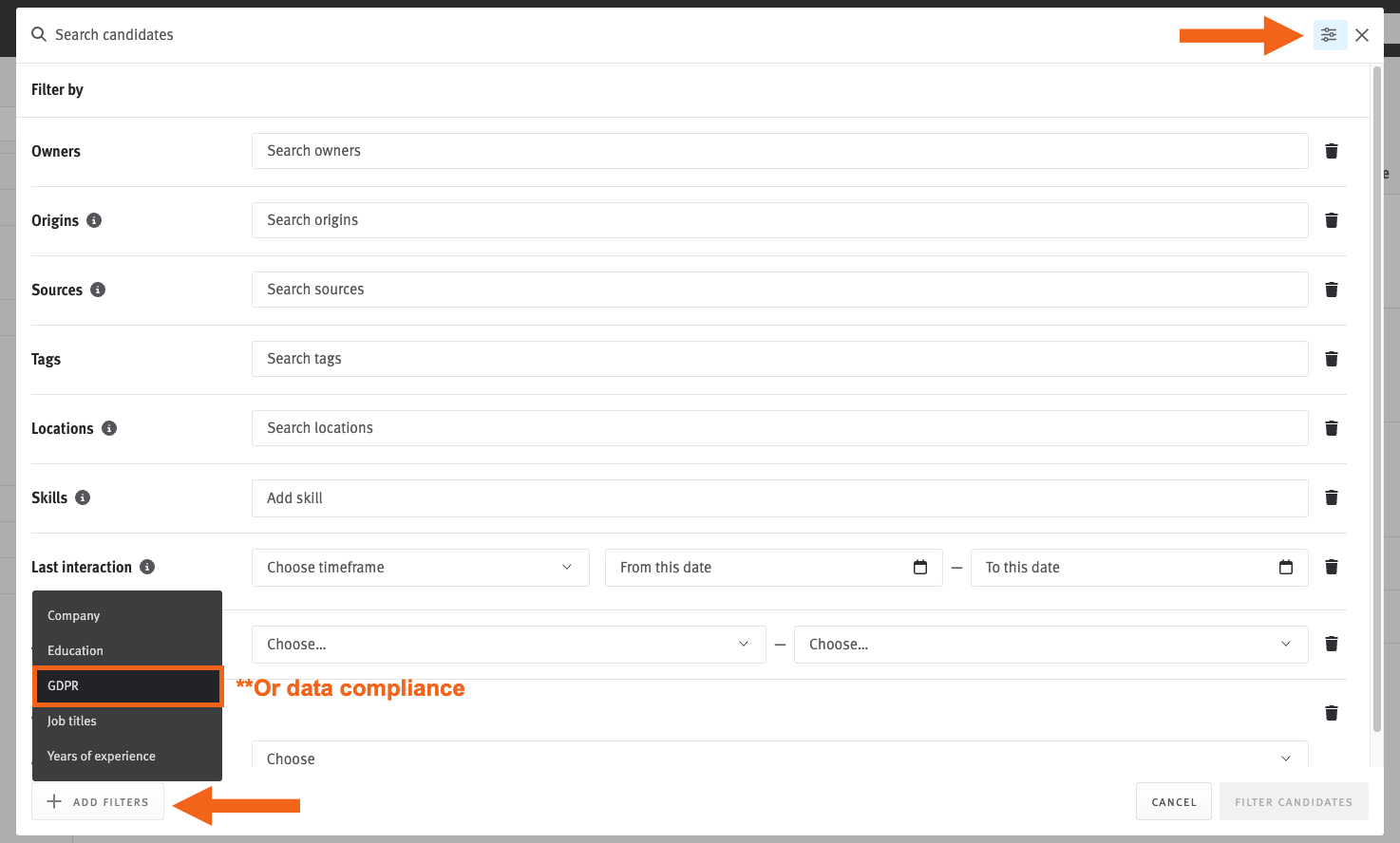 How to add GDPR or compliance filters when searching the candidate dashboard.