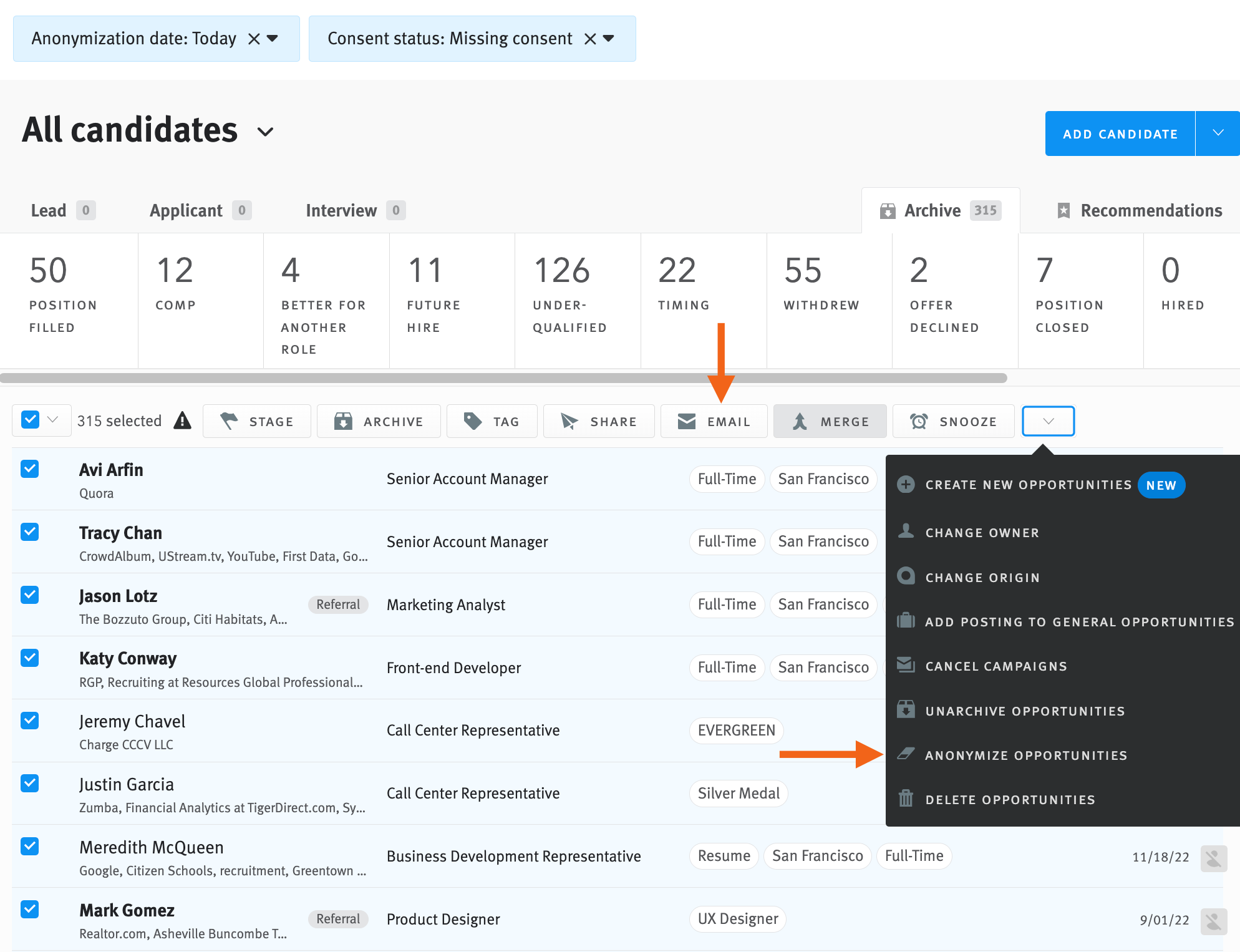 Opportunity list filtered by consent status; GDPR filters are outlined and arrow points to email and anonymize buttons in bulk action tool bar.