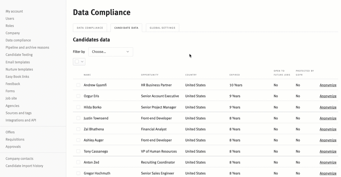 Candidate data list in Data compliance settings page