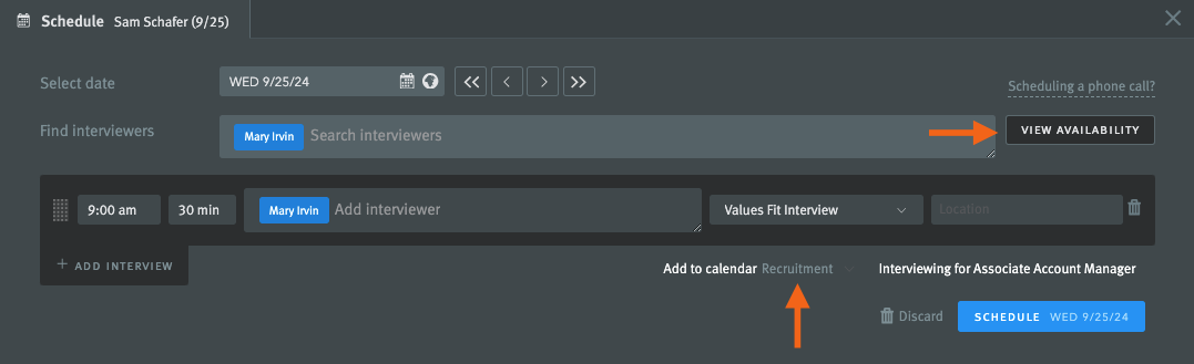 view of scheduling tool with view availability and add to calendar highlighted.