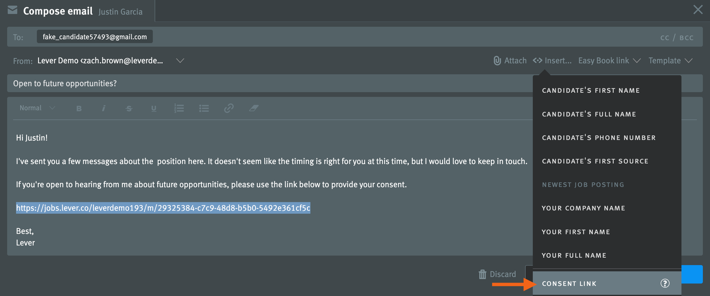 Email editor showing consent link placeholder.