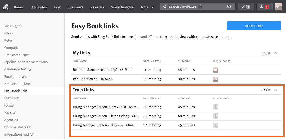 Personal and team Easy Book links under settings.