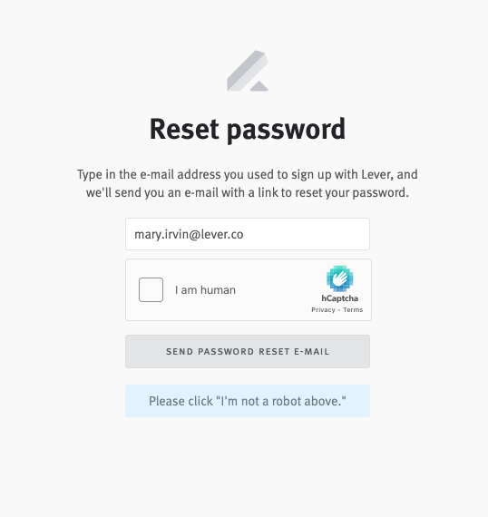 Lever login password reset page.