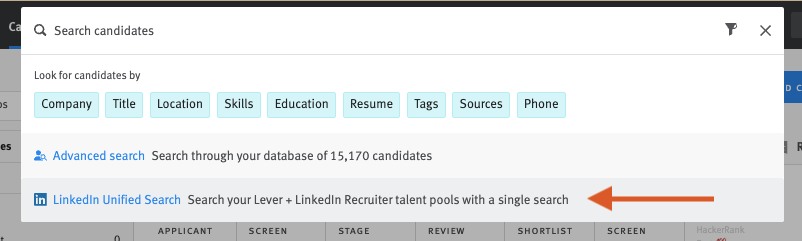 Lever Search Candidates search bar with arrow pointing to LinkedIn Unified Search option in the search dropdown.