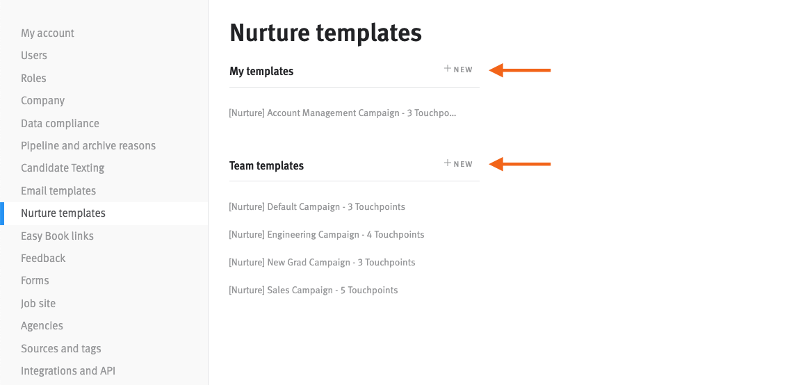 Screenshot of nurture templates page with arrows pointing to personal and team templates.