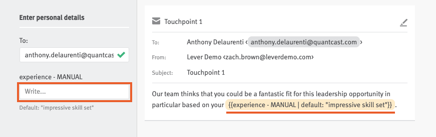 Nurture email editor with manual field outlined and placeholder token underlined