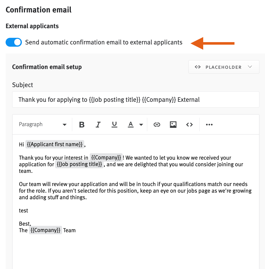 External confirmation email editor with arrow pointing to send automatic confirmation email toggle.