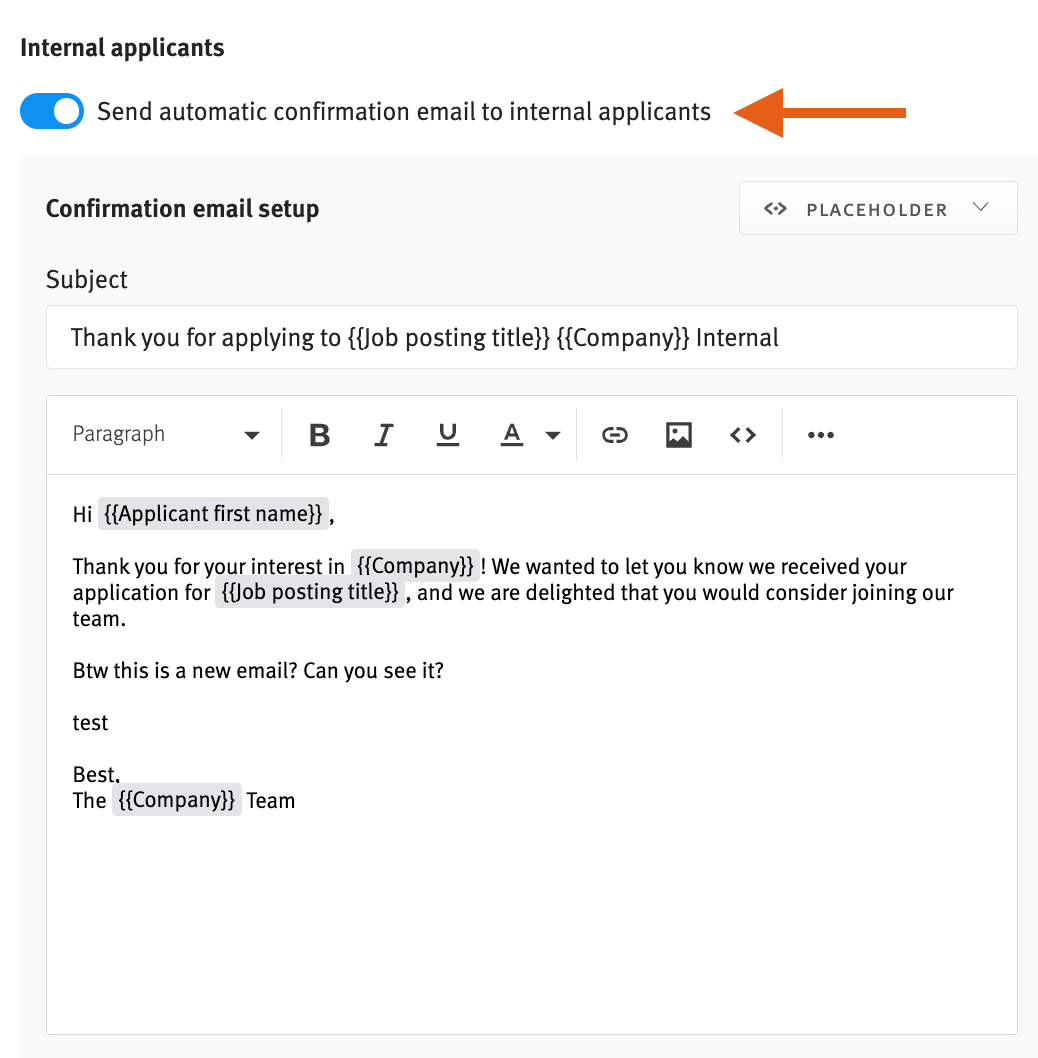 Internal confirmation email editor with arrow pointing to send automatic confirmation email toggle.