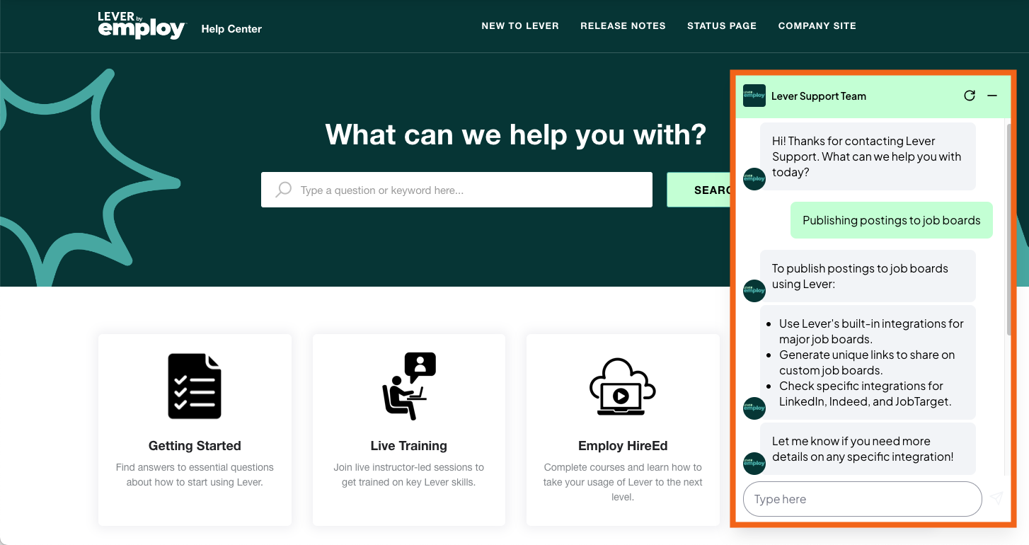 Home page with support widget in use.
