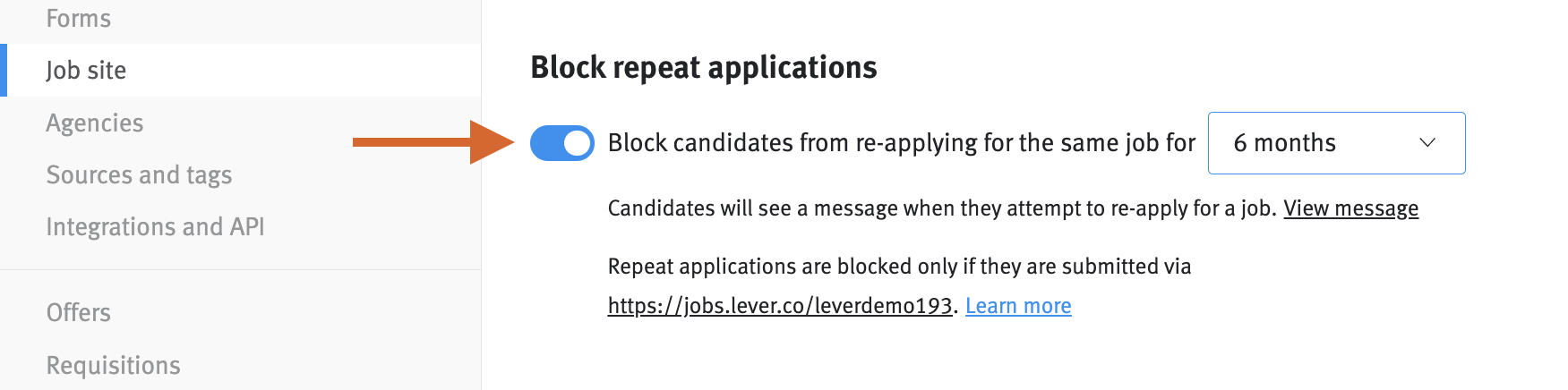 Job site settings with arrow pointing to block candidates toggle