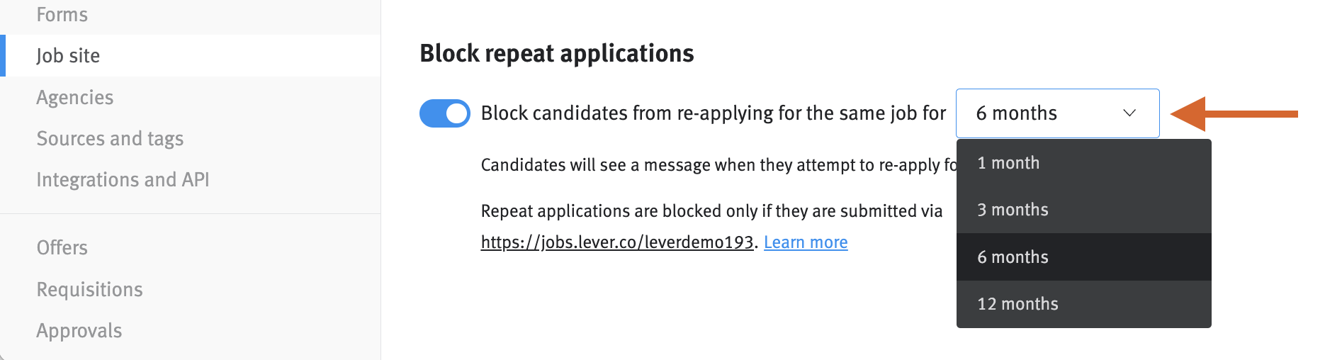 Block repeat applicants section with arrow pointing to dropdown menu.