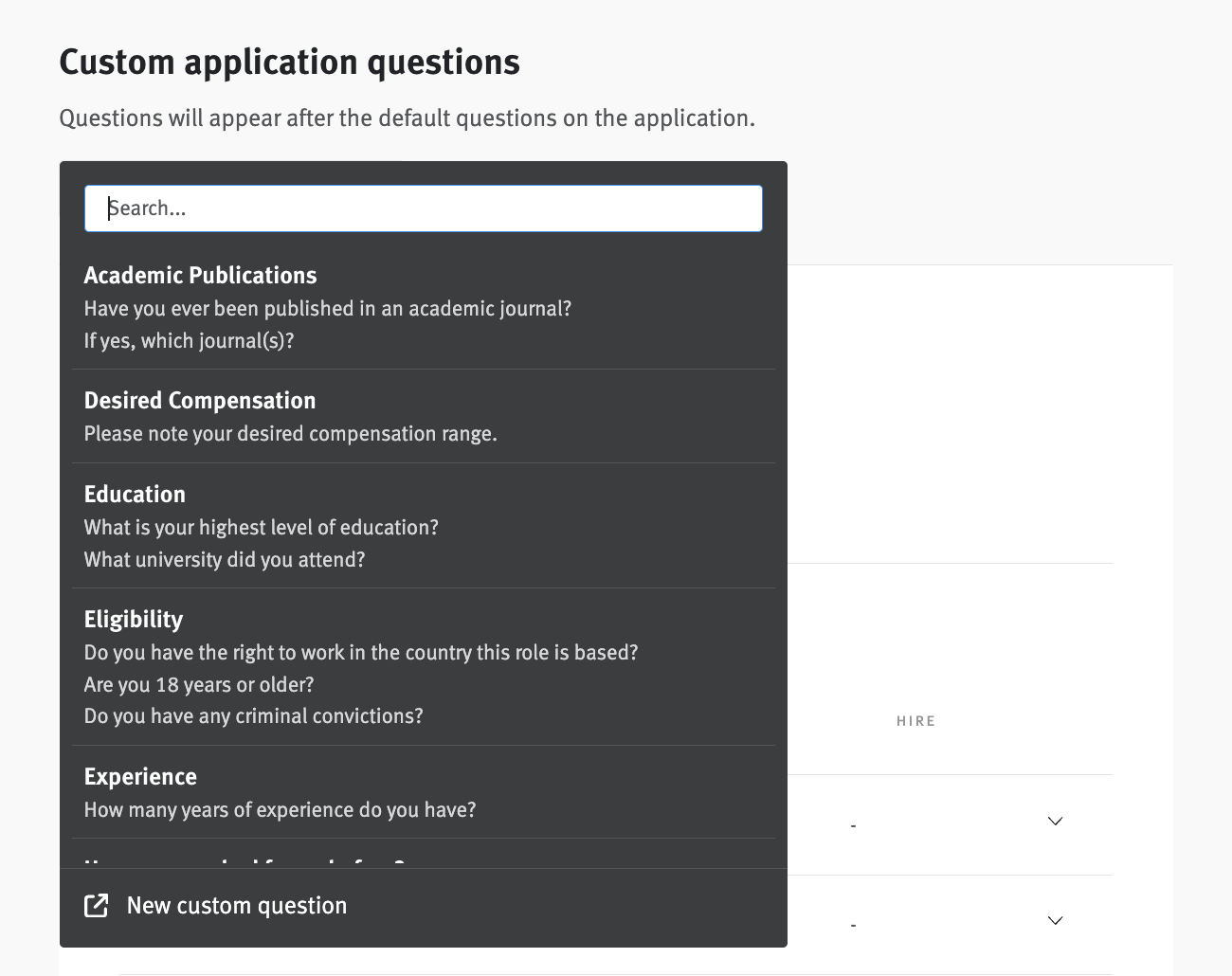 Custom application questions section showing search bar and dropdown list of results.