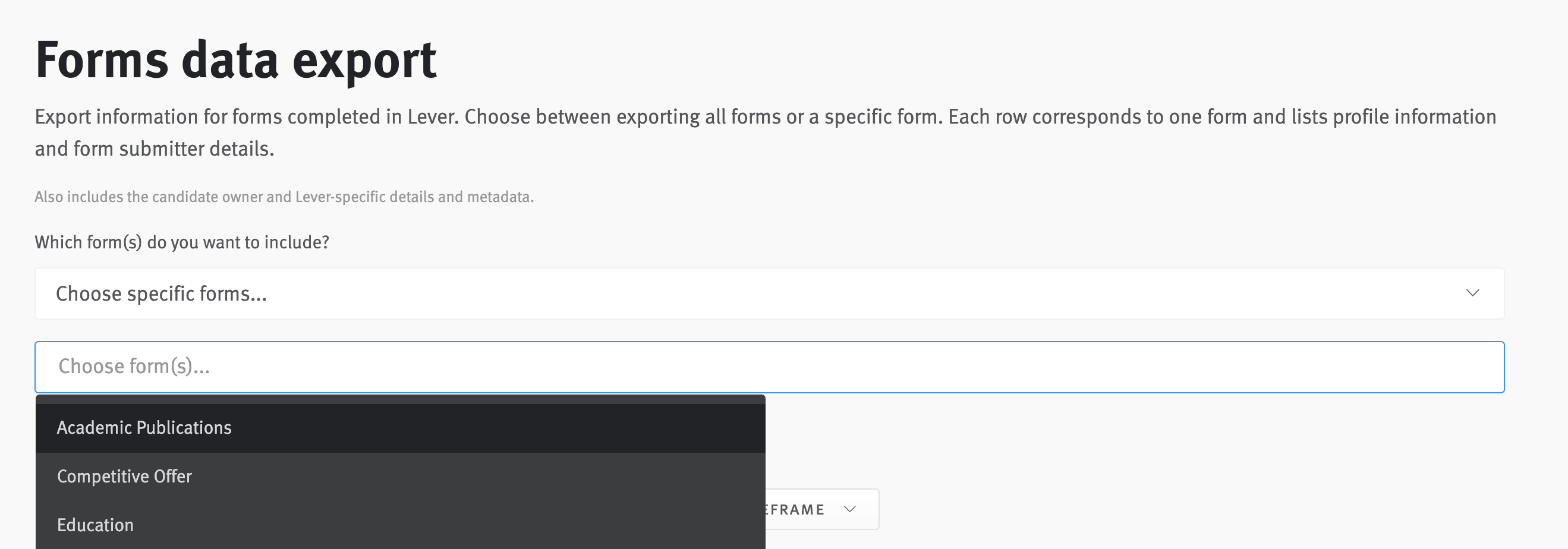 Forms data export fields with menu extending from second field and question set from previous image highlighted.