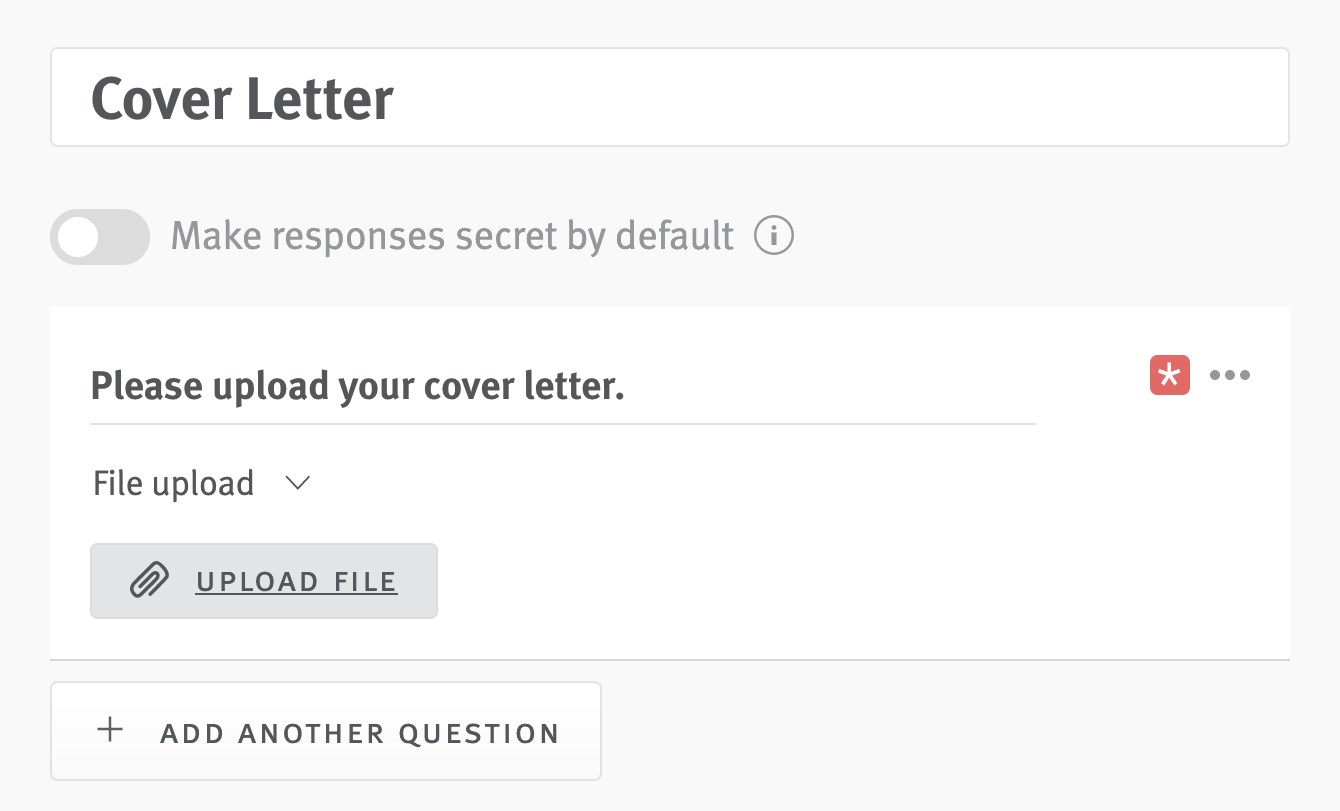 Custom question editor with file upload question titled Cover Letter.