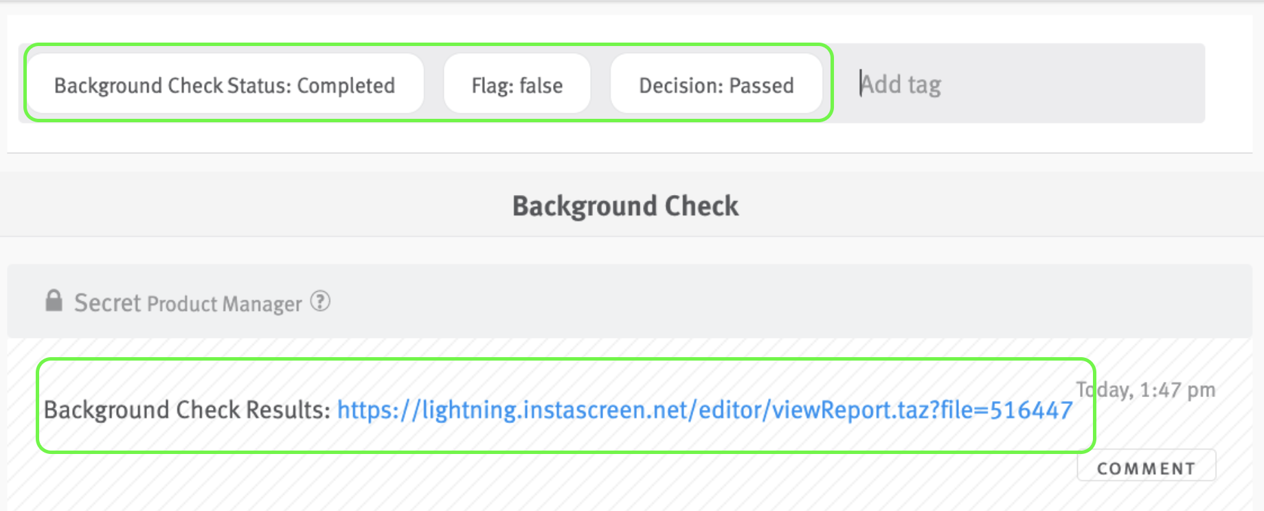 Completed, Flag, and Decisions tags outlined on candidate profile; background check link outlined on candidate profile story