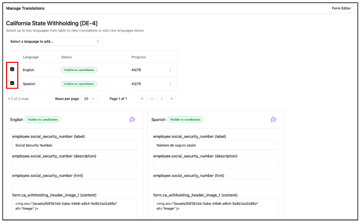 Click the checkbox in front of the languages to display the language card. NOTE: If you don’t see the language you want to translate, click Select a language to add and choose a language.