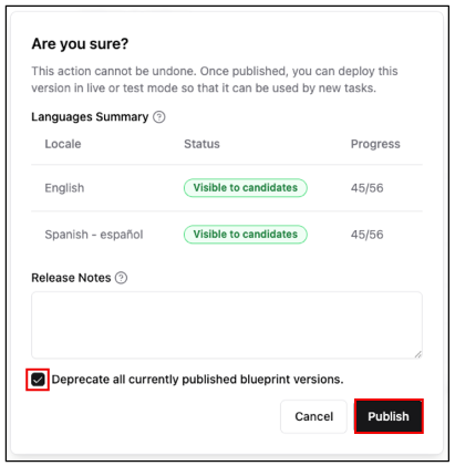On the Are you sure? pop-up, select the checkbox to Deprecate all currently published blueprint versions, and click Publish.
