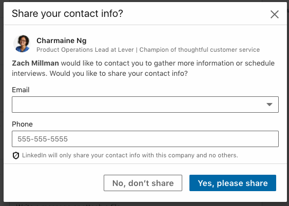 Share your contact info modal in LinkedIn with fields to input email and phone number.