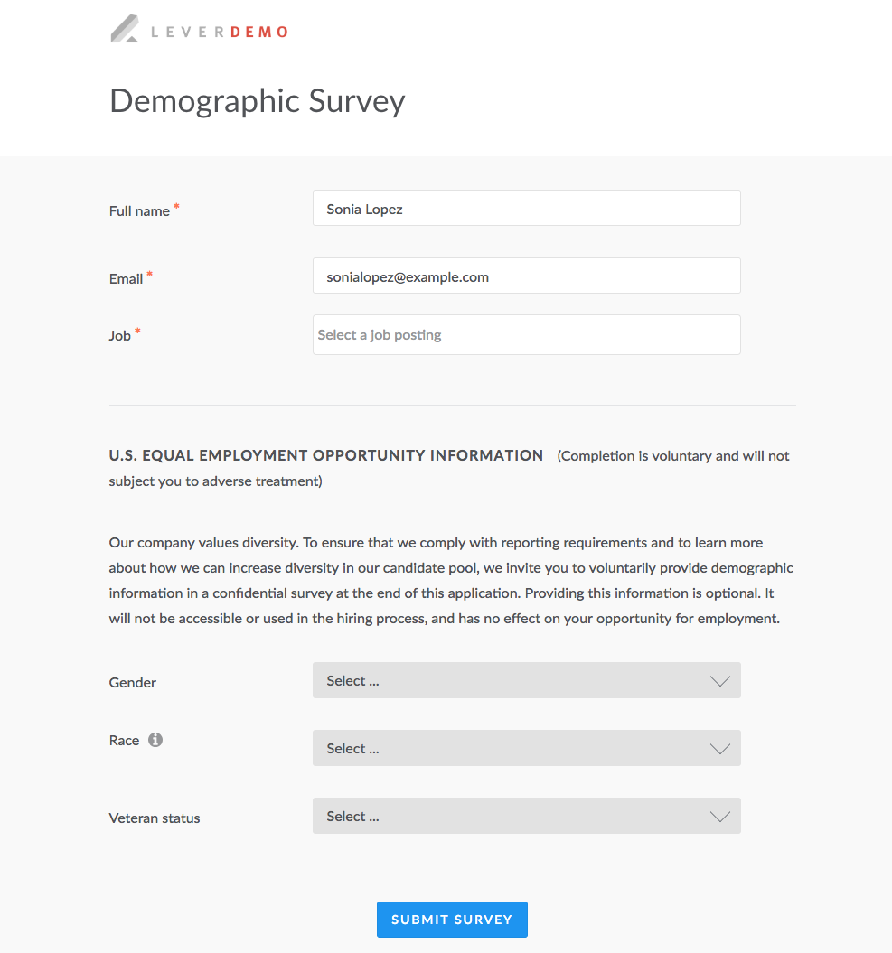 Example of an EEO survey as it appears to a candidate.
