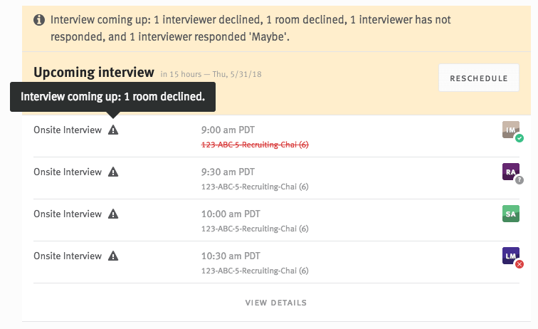 Warning icons next to interview RSVPs on candidate profile; additional information revealed on hover