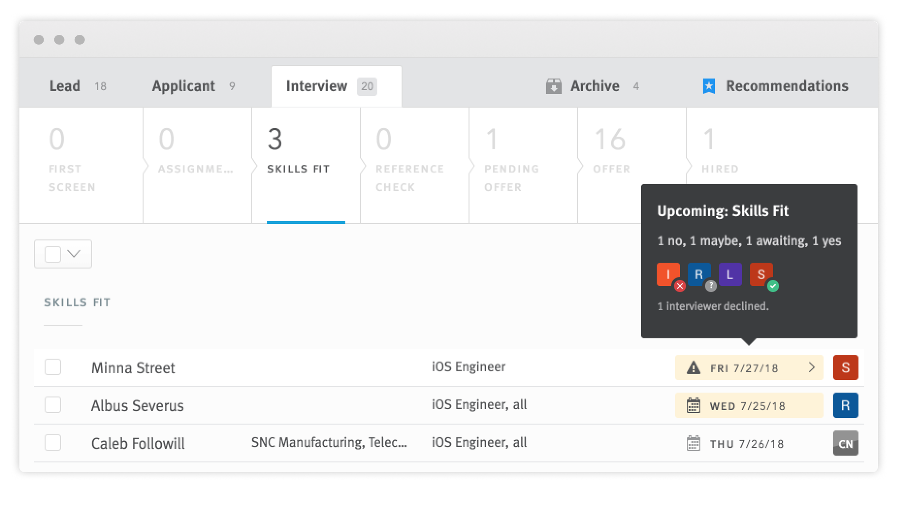 Candidate list in Interviews section of the pipeline with Interview RSVPs revealed on hover