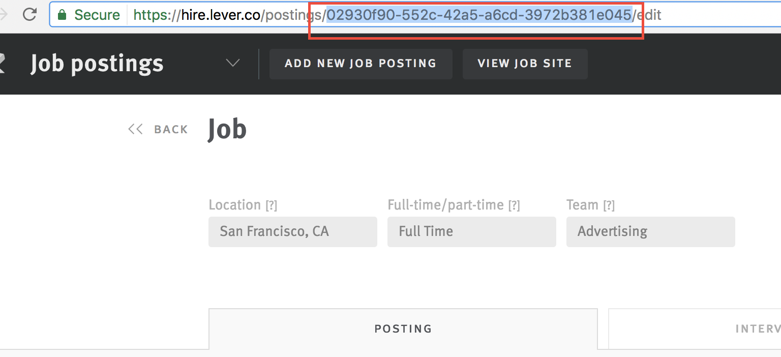 Close of of Lever job posting with posting ID highlighted and circled in URL bar.