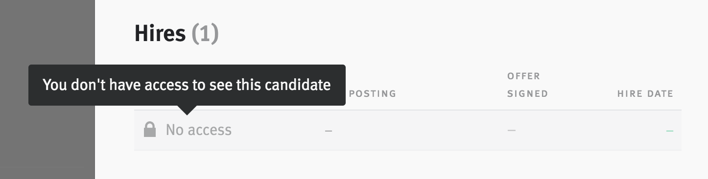 Entry under Hires list on requistion reads no access; pop-up extends from text reading 'You don't have access to see this candidate'