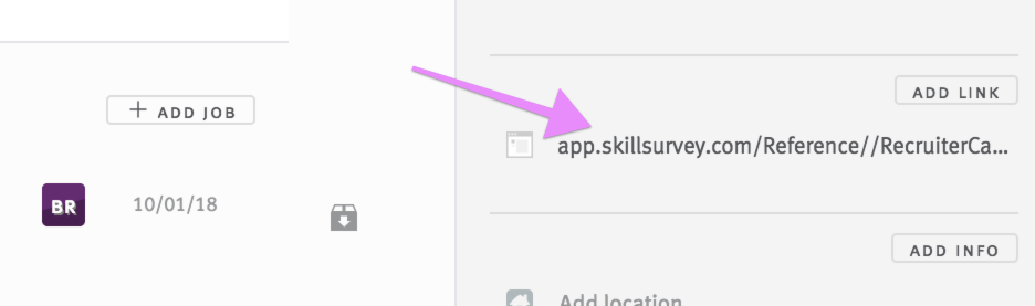Arrow pointing to SkillSurvey link on candidate profile in Lever