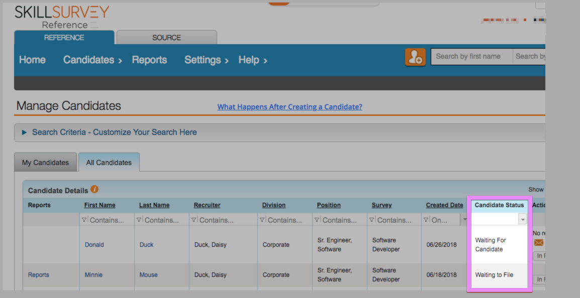 Manage Candidates dashboard in SkillSurvey with Candidate Status column outlined.