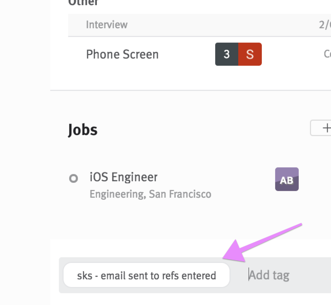 Arrow pointing to SkillSurvey status tag on candidate profile in Lever