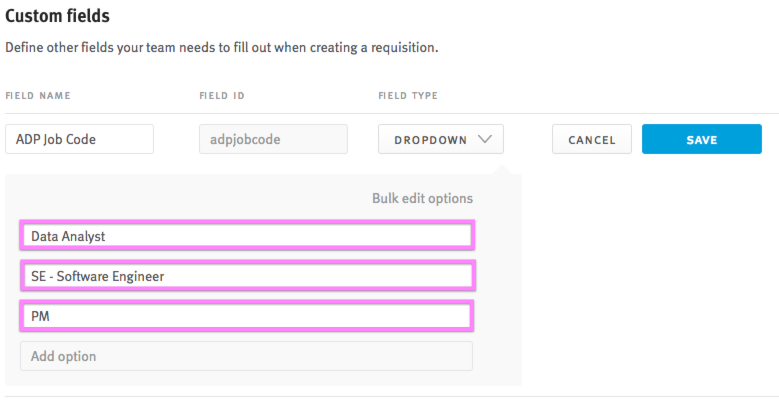 Dropdown values in Custom fields section of Requistions Settings page.