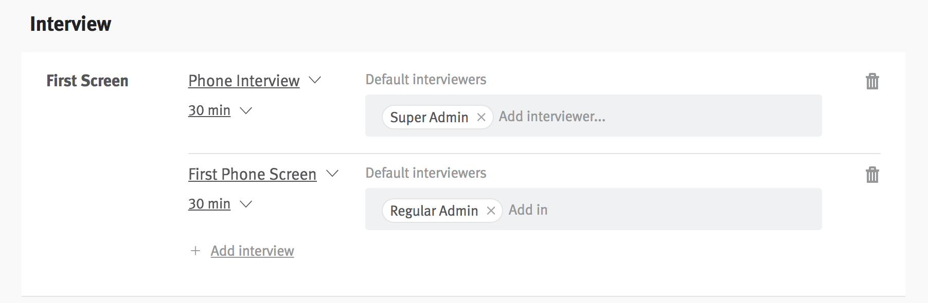 Interviewers and feedback forms added next to stages in Interview Plan.
