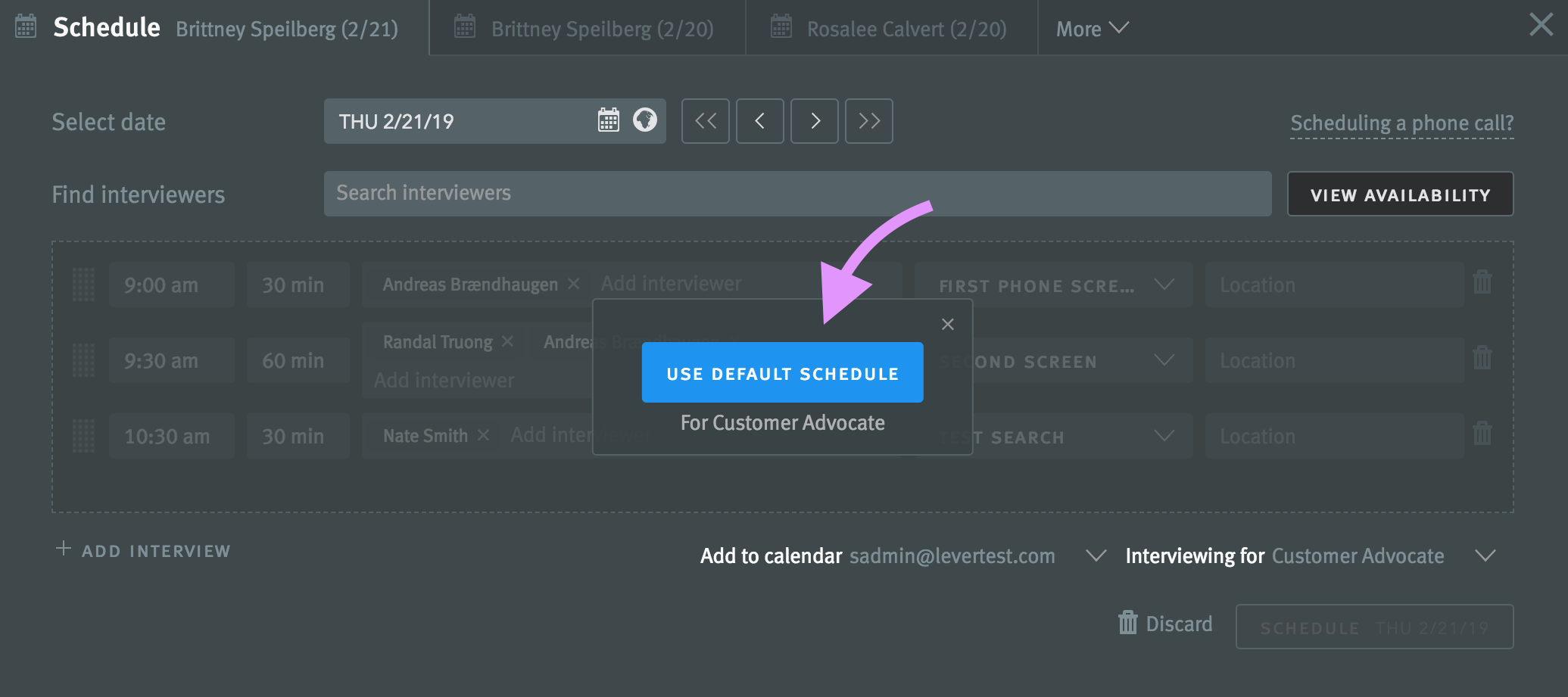 Modal in scheduler with arrow pointing to Use Default Schedule button.