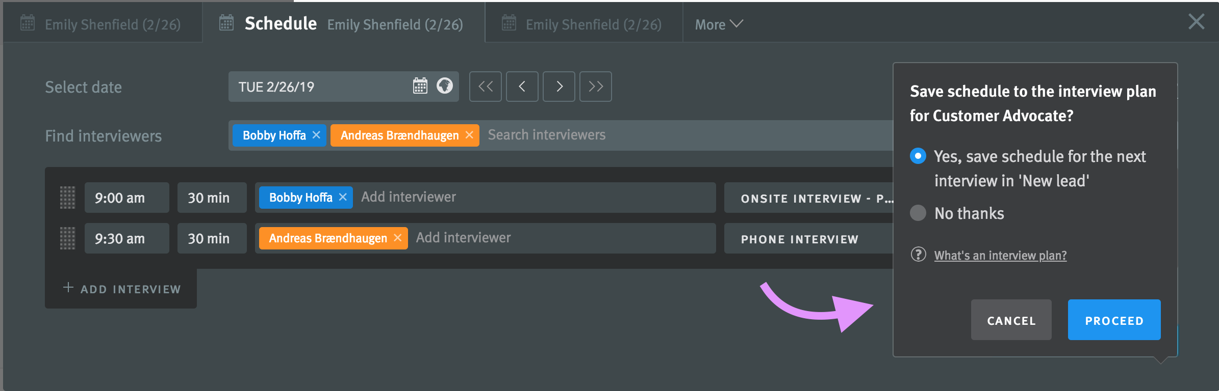Arrow pointing to modal in scheduler with option selected to save scheduled for the next interview in that stage.