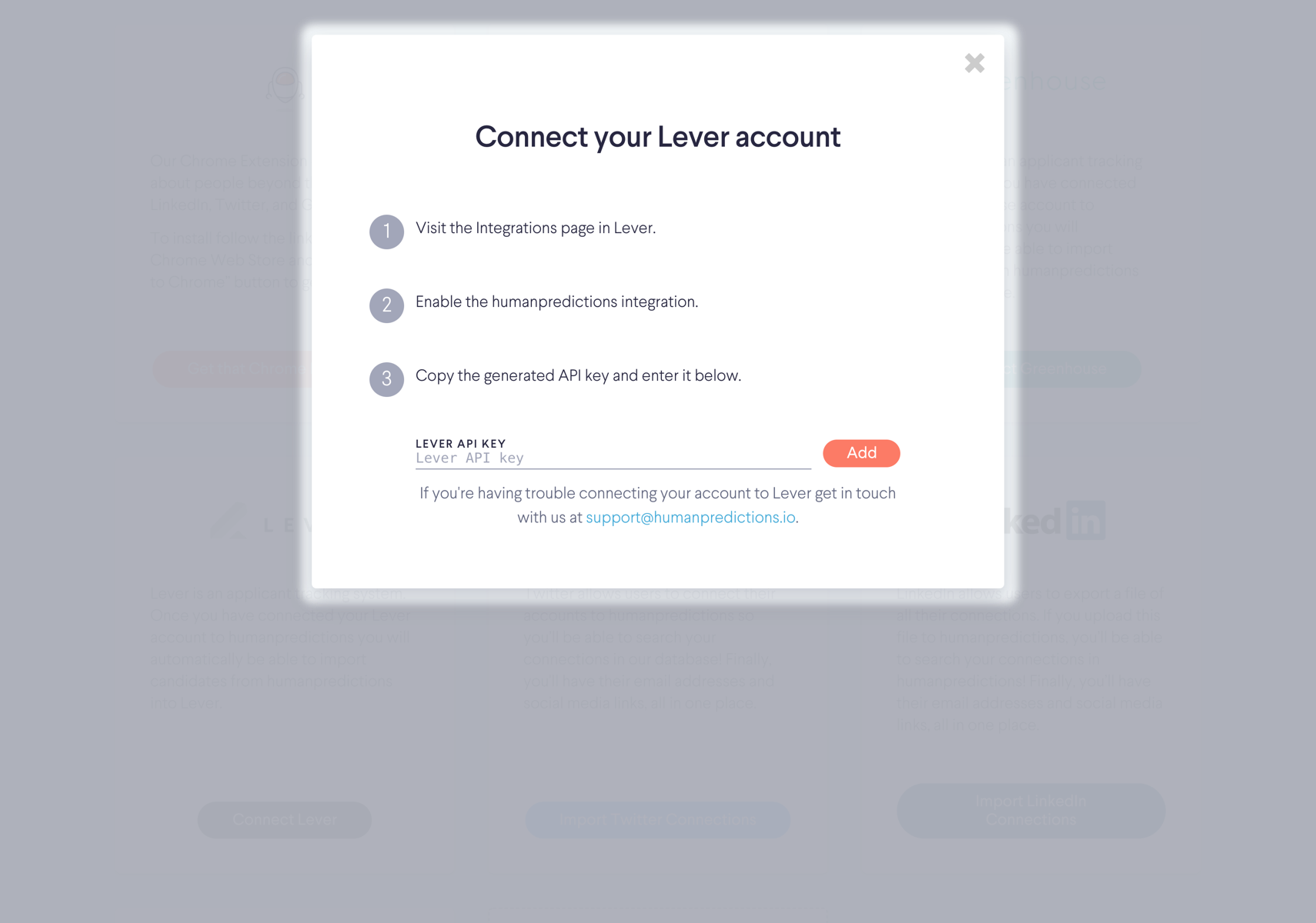 Humanpredictions platform showing connect your Lever account modal