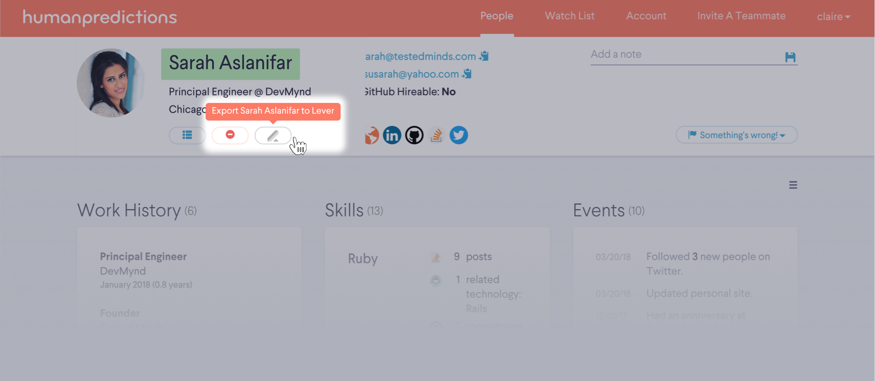 Humanpredictions platform showing candidate profile with lever button highlighted