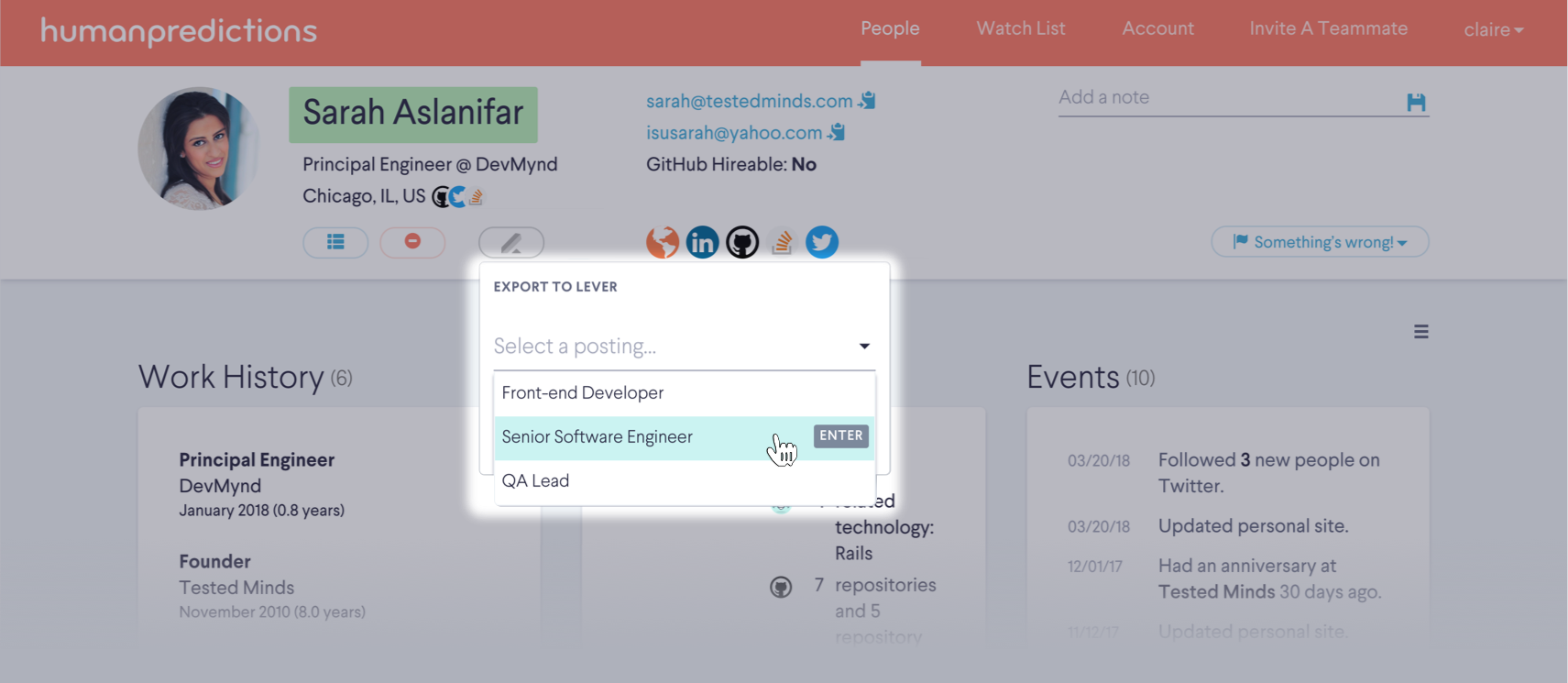 Humanpredictions platform showing candidate profile with lever button dropdown showing list of postings