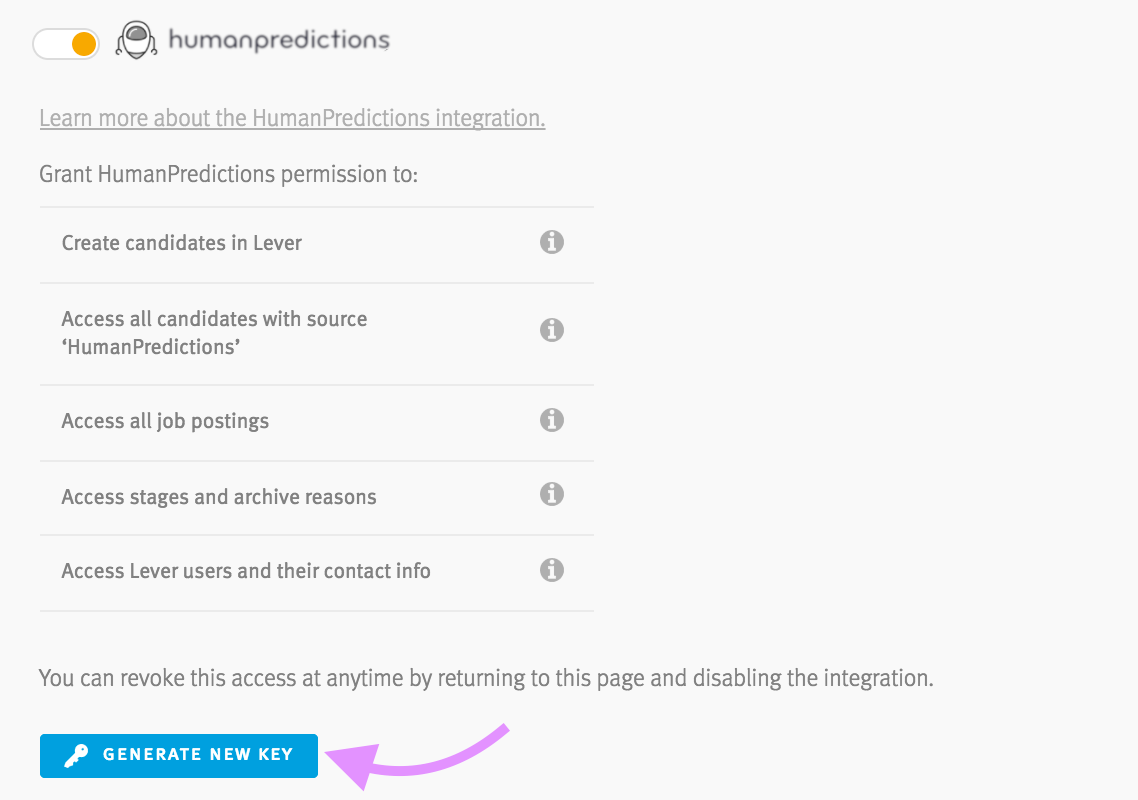 Human predictions listing in Lever showing permissions and arrow pointing to generate new key button