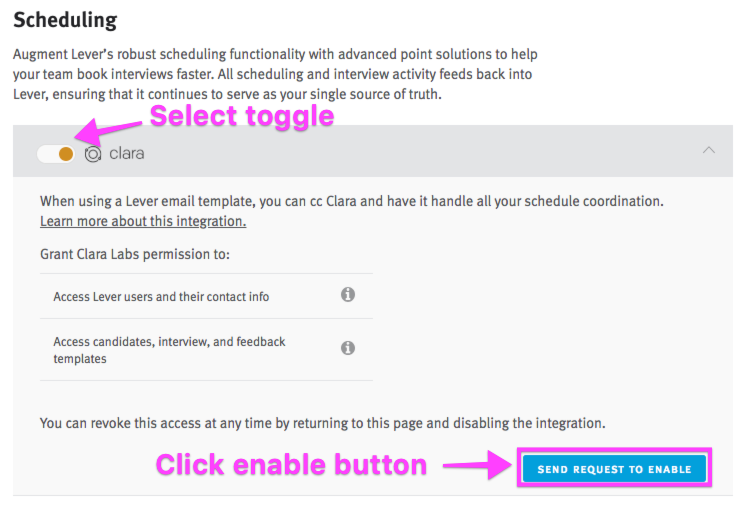 Lever settings scheduling section showing clara toggle and blue send request to enable button.