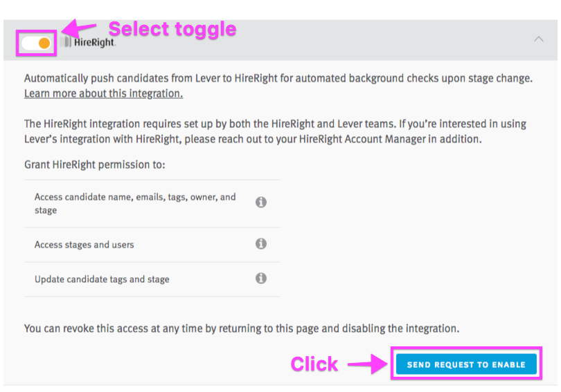 HireRight integration tile with arrows pointing to toggle and send request to enable button.