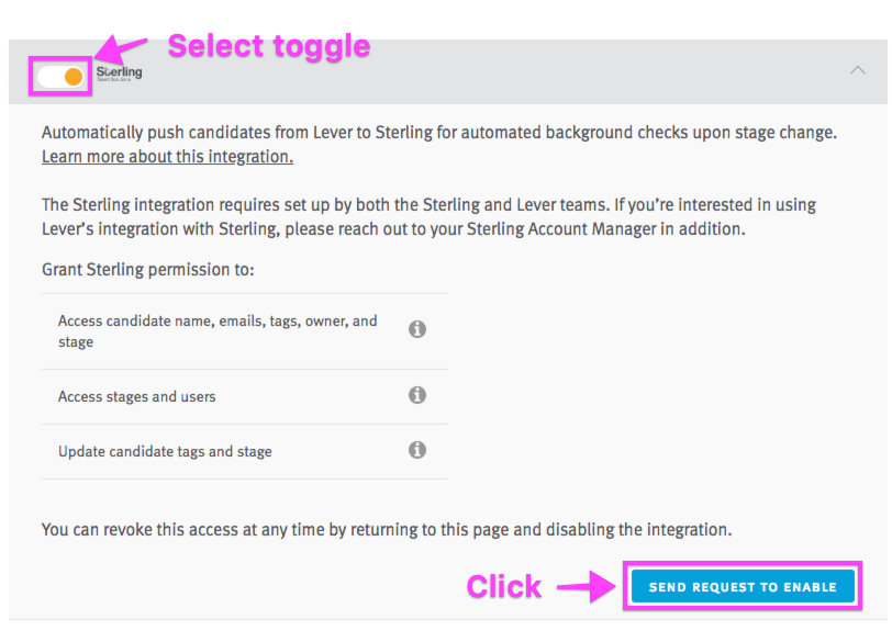 Lever sterling integration set up with toggle and send request to enable button outlined.