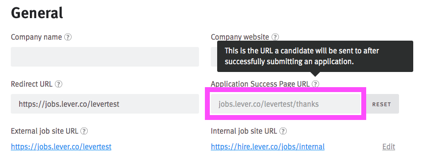 Job site settings back with Application Success Page URL field circled.