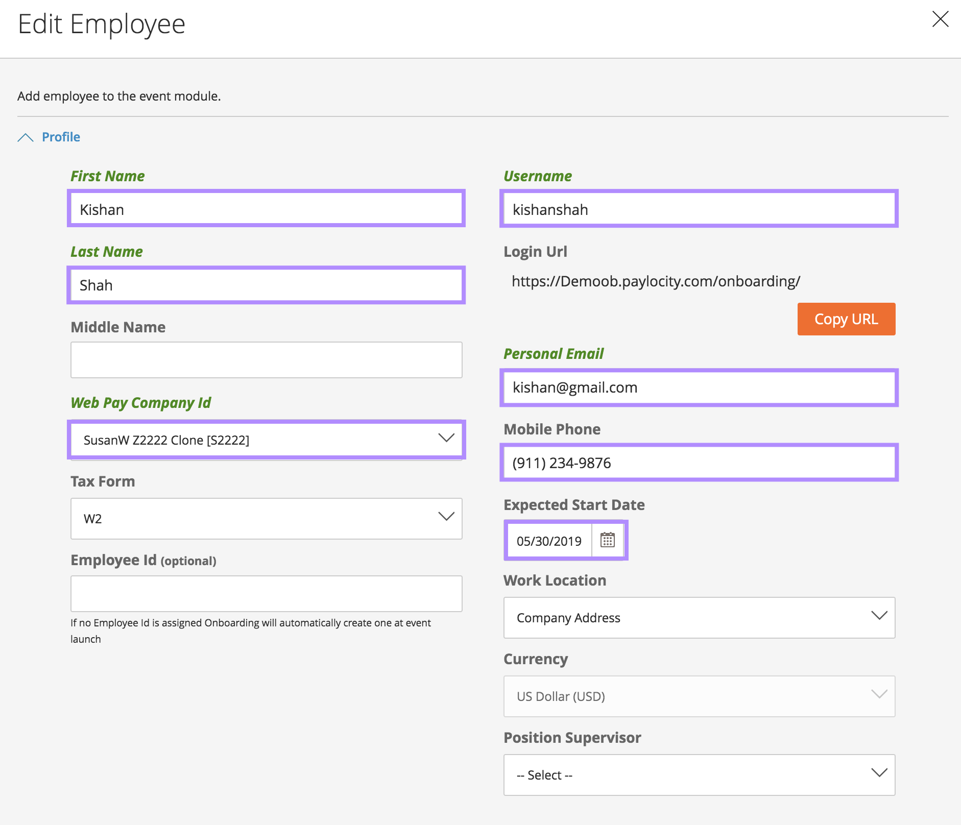 Pre-populated profile information fields on employee onboarding record in Paylocity.