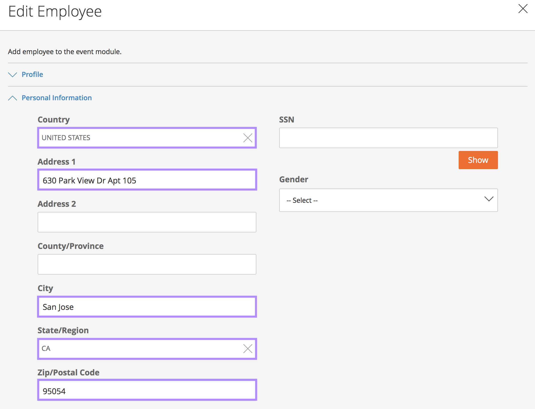 Pre-populated personal information fields on employee onboarding record in Paylocity.