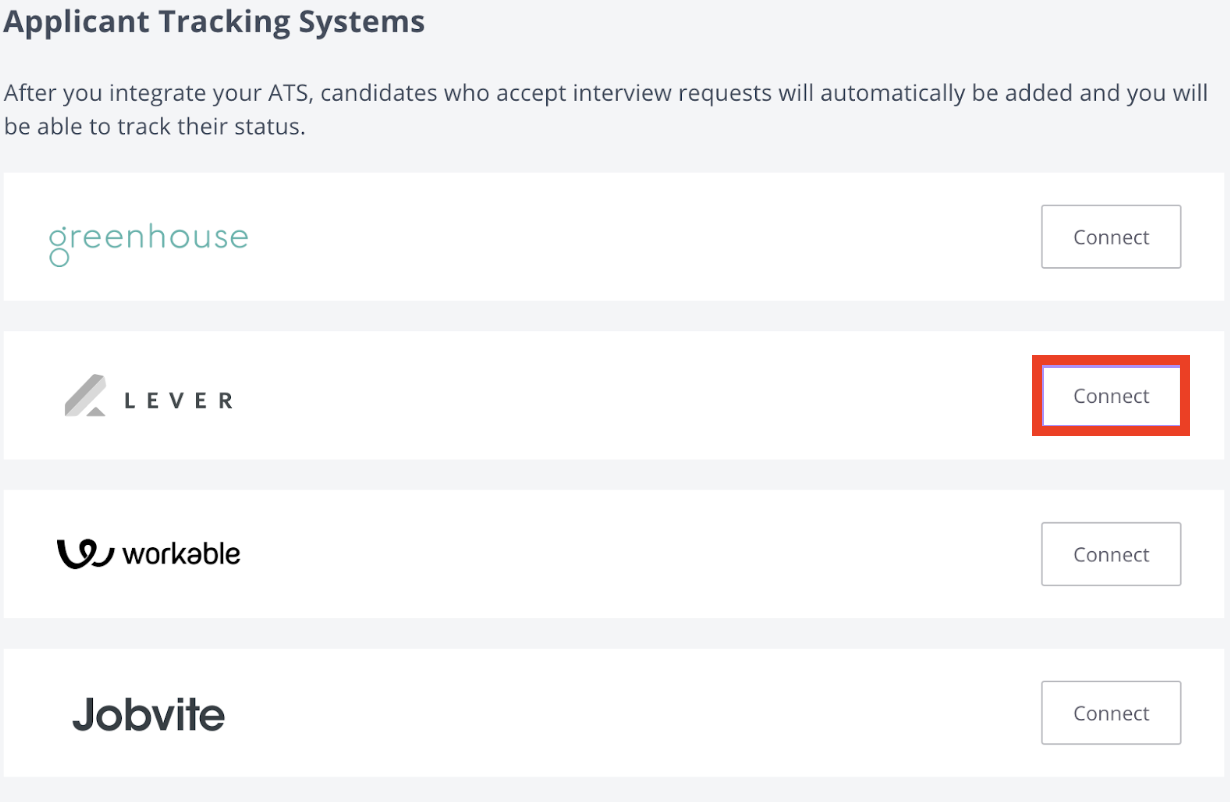 applicant tracking systems page with lever connect button outlined