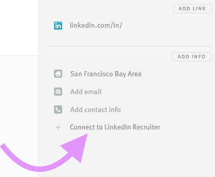 Close up of arrow pointing to Connect to LinkedIn Recruiter link on candidate profile.