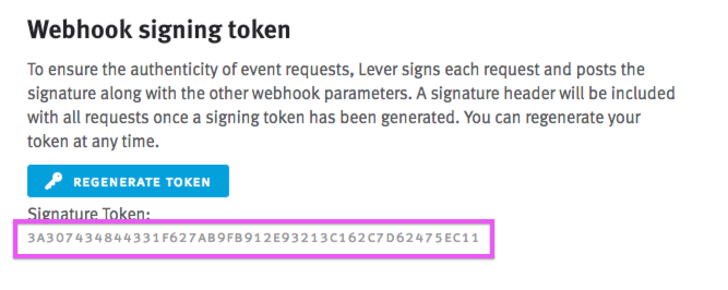 Lever settings Webhook signing token section with signature token outlined.